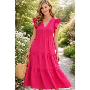 Pink Tiered Maxi Dress Flutter Sleeve Boho Chic Cottagecore Spring Romantic S